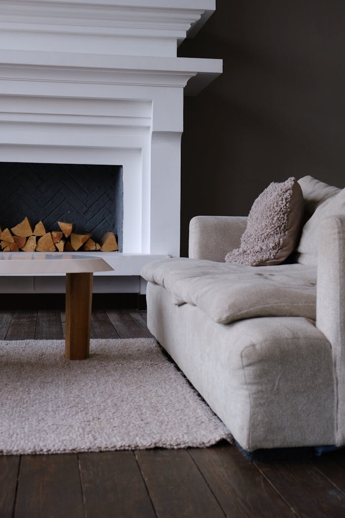 A stylish living room featuring a modern fireplace, sofa, and soft rug for a cozy atmosphere.