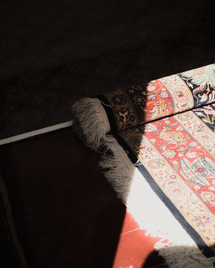 Colorful oriental carpet with intricate design in sunlight, casting shadows on floor.