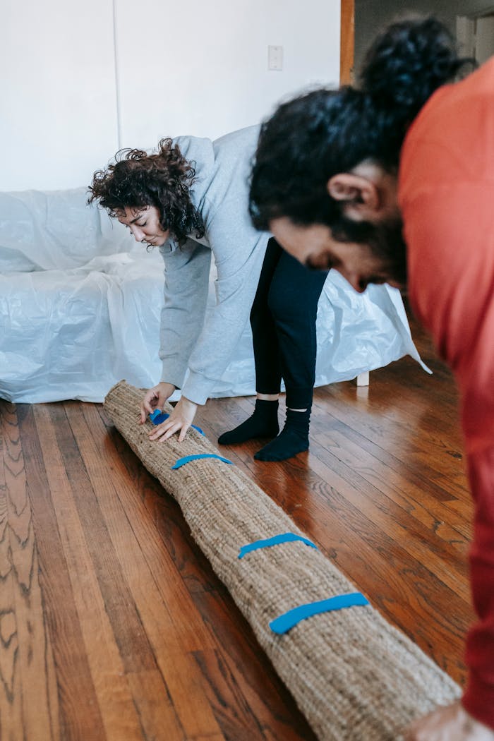 A couple rolls up a carpet while preparing to move out of their home.